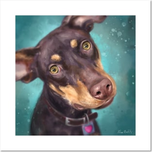 Painting of a Cute Brown an Gold Doberman Pinscher Puppy on Blue Green Background Posters and Art